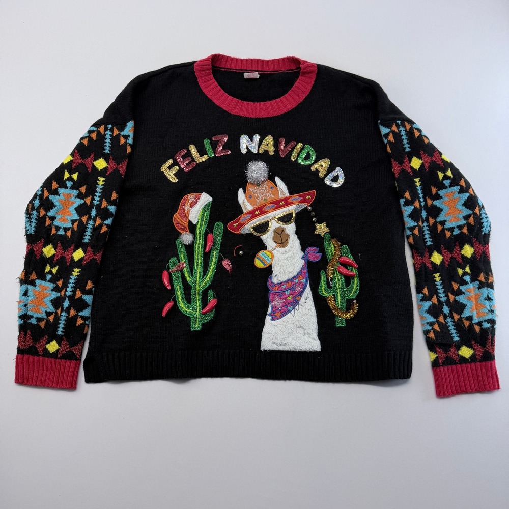 Holiday Time Feliz Navidad Llama Ugly Christmas Sweater Black XL 16-18